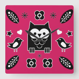 スカンジナビアフクロウフォークアートギフト スクエア壁時計