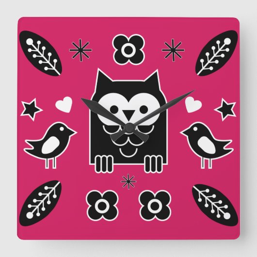 スカンジナビアフクロウフォークアートギフト スクエア壁時計 (正面)