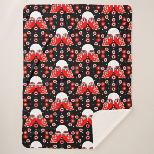 スカンジナビアフクロウフォークアートフリースブランケット シェルパブランケット (正面)