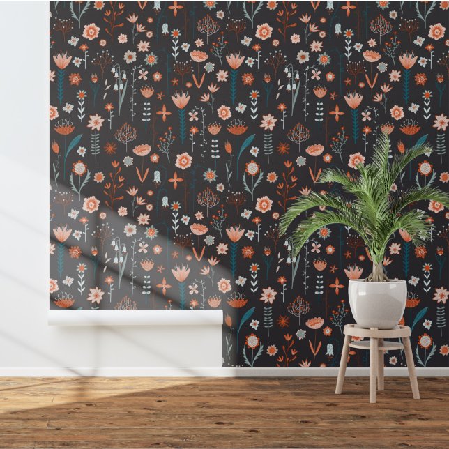 スカンジナビアフローラダーク 壁紙 (Scandinavian floral dark art wallpaper)