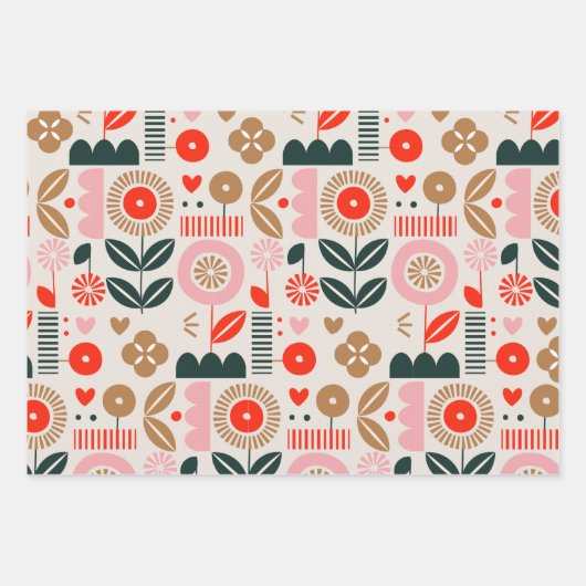 スカンジナビアフローラ抽象芸術花フォーク模様 ラッピングペーパーシート (正面2)