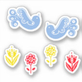 スカンジナビアブルーバード赤黄色の花 シール (正面)
