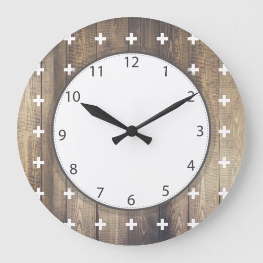 スカンジナビアホワイトプラスシンボルや象徴木製プランクス ラージ壁時計 (正面)