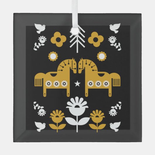 スカンジナビアホースフォークアート ガラスオーナメント (正面)