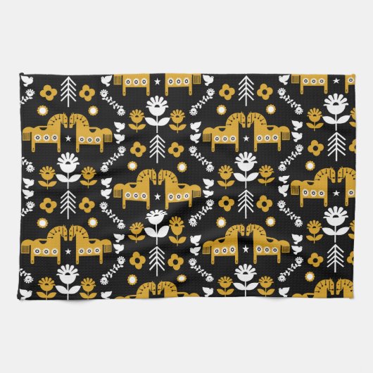 スカンジナビアホースフォークアート キッチンタオル (横)