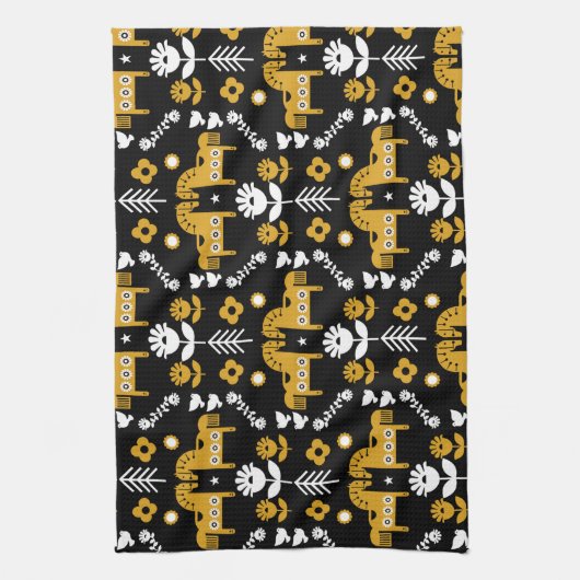 スカンジナビアホースフォークアート キッチンタオル (縦)