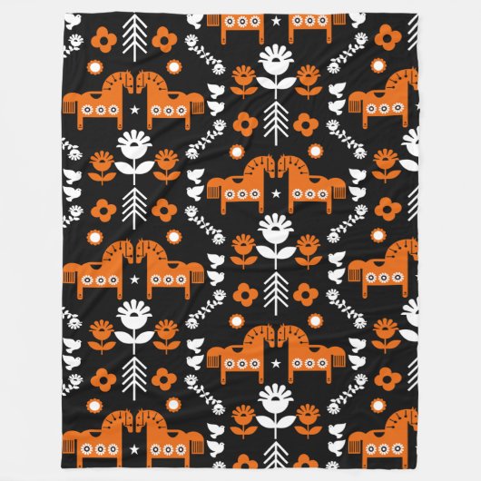 スカンジナビアホースフォークアート フリースブランケット (正面)