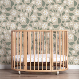 スカンジナビアモダンデイジーフローラルソフトベージュグリーン 壁紙