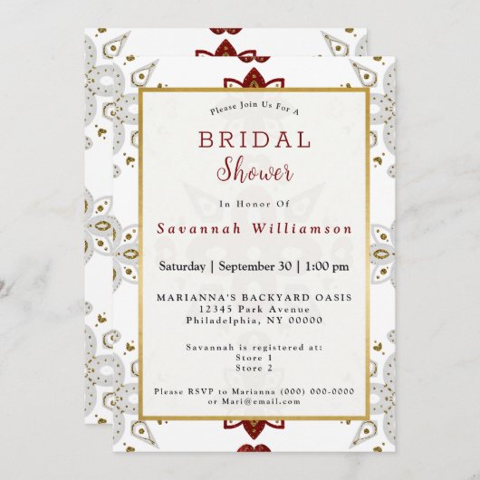 スカンジナビアレッドブルー金ゴールド北欧ブライダルシャワー 招待状 (正面/裏面)