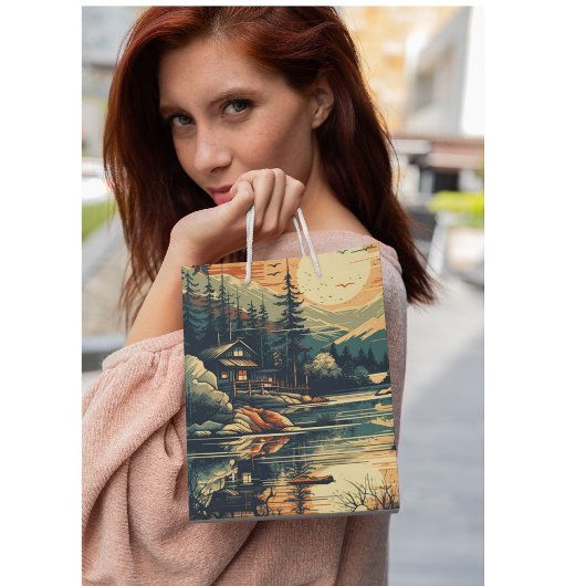 スカンジナビアレトロアートマウンテンホーム ミディアムペーパーバッグ
