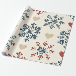 スカンジナビアンフォルクの雪の結晶とハートのクリスマス ラッピングペーパー