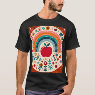スカンジナビアンフォルクアートの赤いりんごと虹の家族 Tシャツ