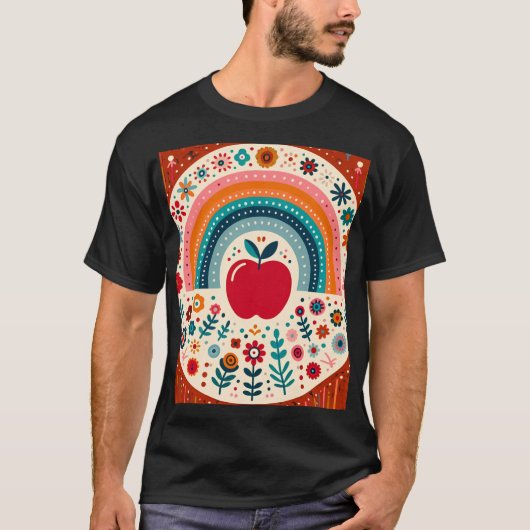 スカンジナビアンフォルクアートの赤いりんごと虹の家族 Tシャツ (正面)