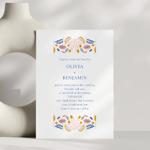 スカンジナビアンフォルクフラワーブルーイエローチックウェディング 招待状