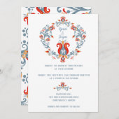 スカンジナビアンフォークアートのウェディング招待状（青） 招待状 (正面/裏面)