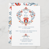 スカンジナビアンフォークアートのウェディング招待状（青） 招待状 (正面/裏面)