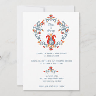 スカンジナビアンフォークアートのウェディング招待状（青） 招待状