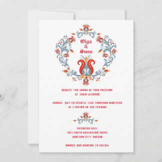 スカンジナビアンフォークアートの結婚式招待状（赤/青） 招待状