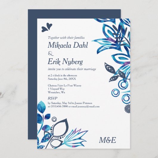 スカンジナビアンブルー花柄ウェディング 招待状 (正面/裏面)