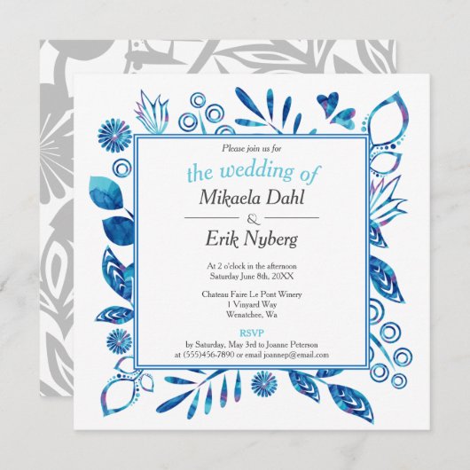 スカンジナビア冬ブルーフローラル結婚パターン 招待状 (正面/裏面)
