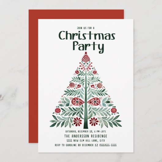 スカンジナビア北欧グリーンレッドクリスマスツリーパーティー 招待状 (正面/裏面)