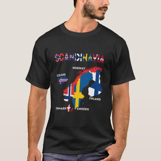 スカンジナビア国旗の北欧各国マップ北Eu Tシャツ (正面)