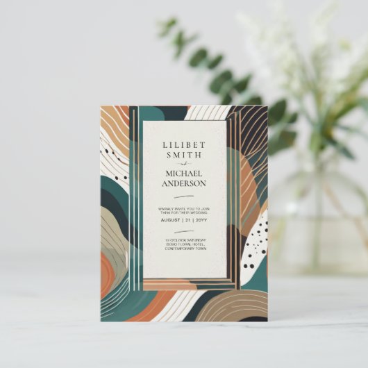 スカンジナビア日本結婚抽象芸術グリーンブラウン 招待状 (スタンド正面)
