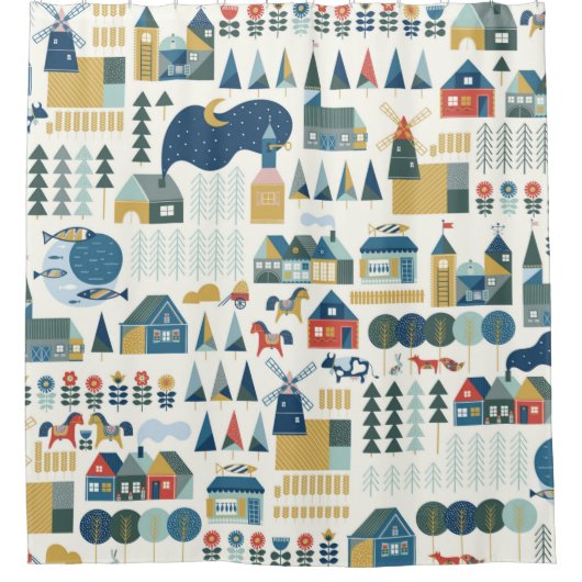 スカンジナビア村とのシームレスな過去 シャワーカーテン (正面)