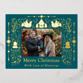 スカンジナビア民話クリスマスフォトティール（緑がかった色） 箔シーズンポストカード (正面)