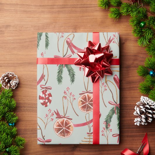 スカンジナビア素朴の緑と水彩柑橘類 ラッピングペーパー