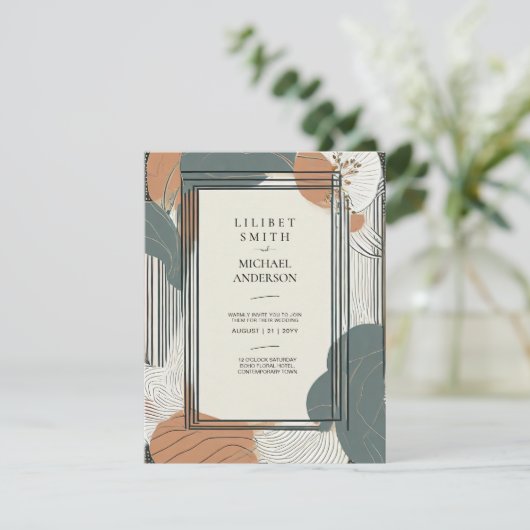 スカンジナビア結婚ジャパンディ抽象芸術セージブラウン 招待状 (スタンド正面)