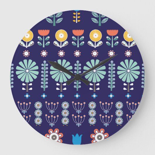 スカンジナビア線形花、夏のモチーフ ラージ壁時計 (正面)