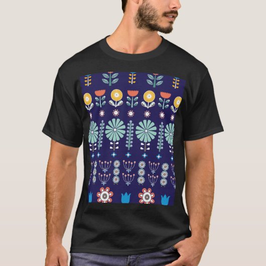 スカンジナビア線形花、夏のモチーフ Tシャツ (正面)