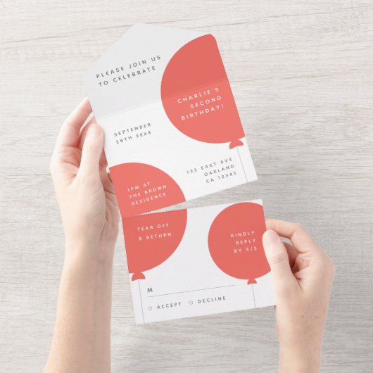 スカンジナビア誕生日 |コーラルピンクバルーンパーティー オールインワン招待状 (貼ってはがせる)