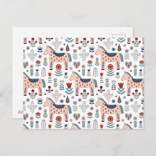 スカンジナビア馬フォークアートパターン シーズンポストカード (正面/裏面)