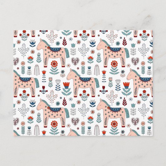 スカンジナビア馬フォークアートパターン シーズンポストカード (正面)