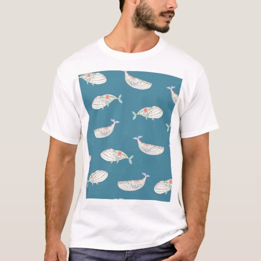 スカンジナビア鯨、海獣パターン Tシャツ (正面)