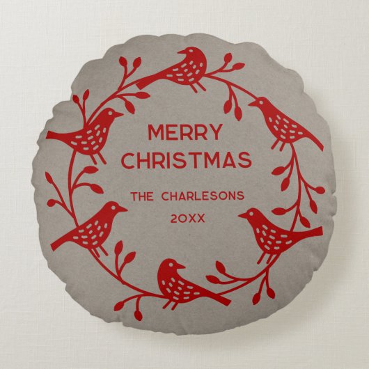 スカンジナビア鳥リースパーソナライズされたクリスマス ラウンドクッション (正面)