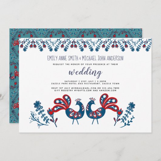 スカンジナビア フォークアート 結婚式 招待状 鳥 (正面/裏面)