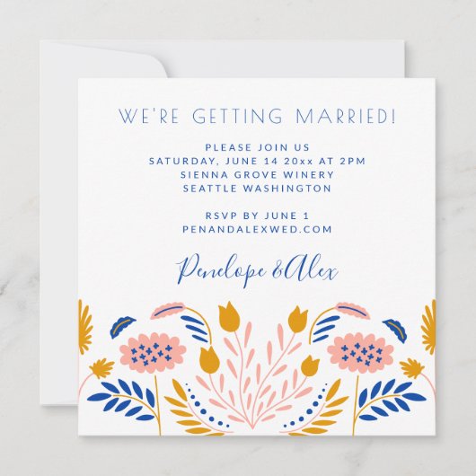 スカンジフォークフラワーズインカジュアルブルースクエア結婚ーズ 招待状 (正面)