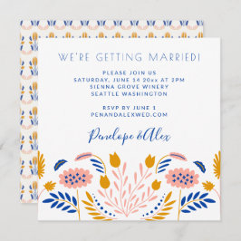 スカンジフォークフラワーズインカジュアルブルースクエア結婚ーズ 招待状