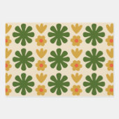 スカンジレトロフローラフォークアートパターンオレンジグリーン ラッピングペーパーシート (正面3)