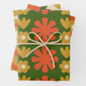 スカンジレトロフローラフォークアートパターンオレンジグリーン ラッピングペーパーシート (インサイチュ)
