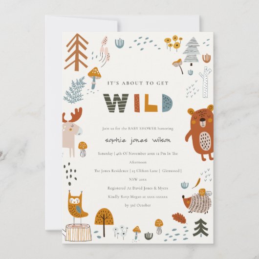 スカンジワイルドトロピカルウッドランド動物の赤ちゃんシャワー 招待状 (正面)