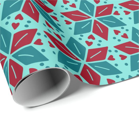 スカンディアパターンレッドアクアティール(緑がかった色)ポインセティアホリデイ ラッピングペーパー (ロールコーナー)