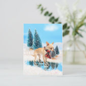 スカーフおよびスケートを持つおもしろいなチワワ シーズンポストカード (スタンド正面)