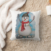 スカーフおよび帽子が付いている豪華な水彩画の雪だるま クッション (ブランケット)