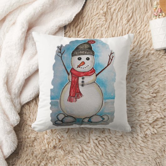 スカーフおよび帽子が付いている豪華な水彩画の雪だるま クッション (ブランケット)