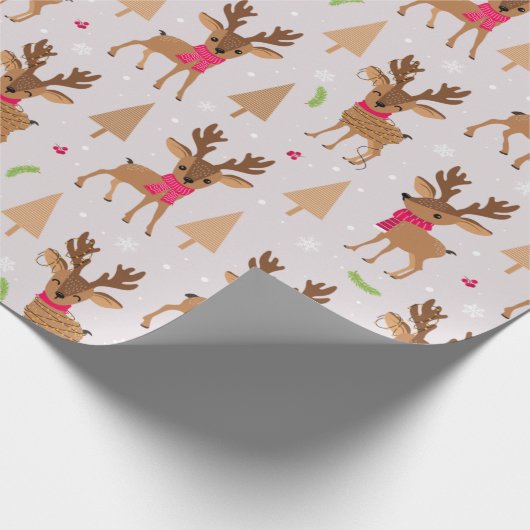 スカーフとライトクリスマスのかわいいトナカイ ラッピングペーパー (角)