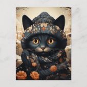 スカーフと帽子をかぶった愛らしい黒猫 ポストカード (正面)